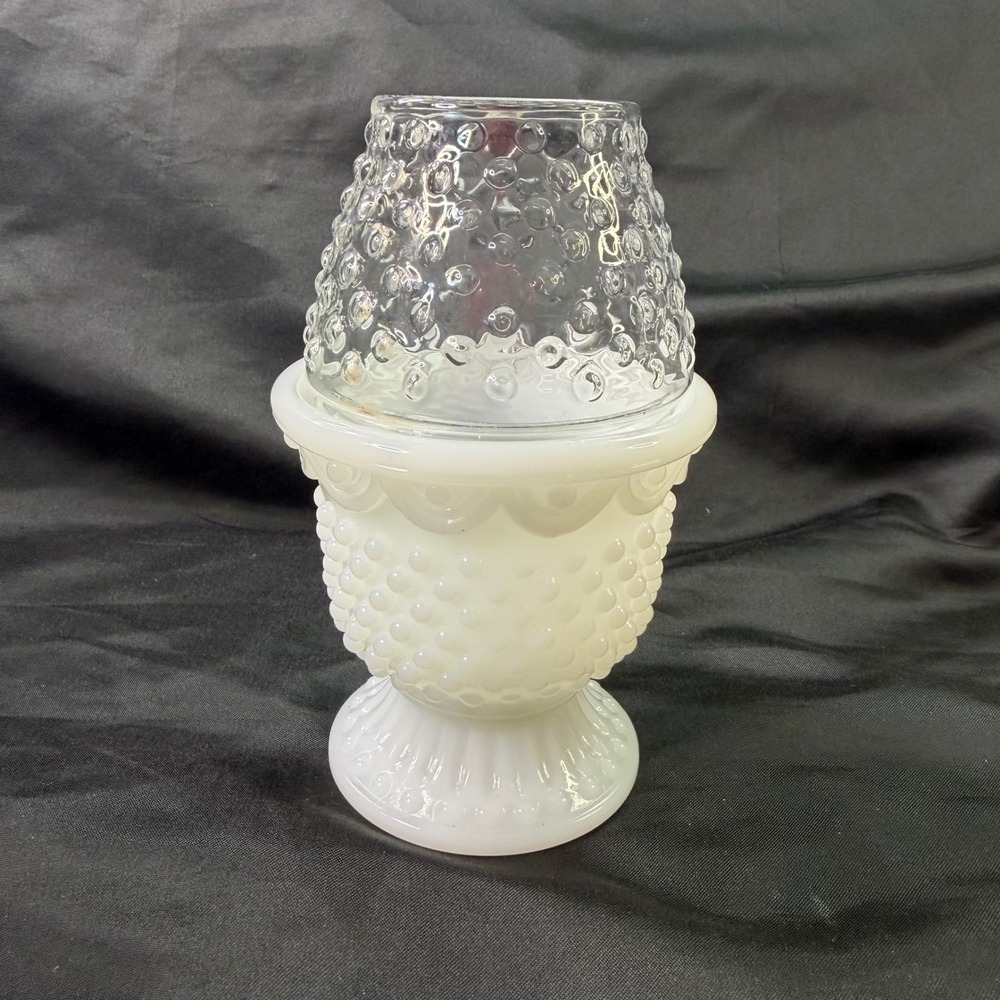 Vintage Avon Milk Glass Hobnail Fairy Lamp Votive Holder Clear Top 2 Piece